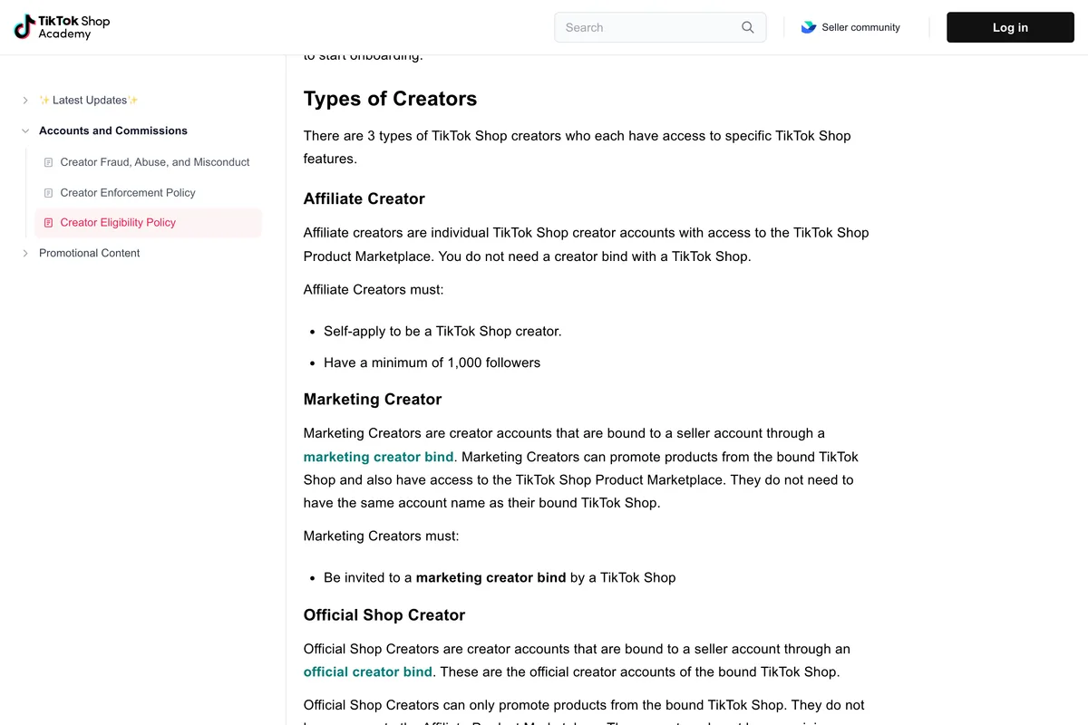 TikTok Shop Academy page Creator Eligibility Policy, section Types of Creators, describing Affiliate Creators who must self-apply and have a minimum of 1,000 followers, Marketing Creators who must be invited to a marketing creator bind, and Official Shop Creators