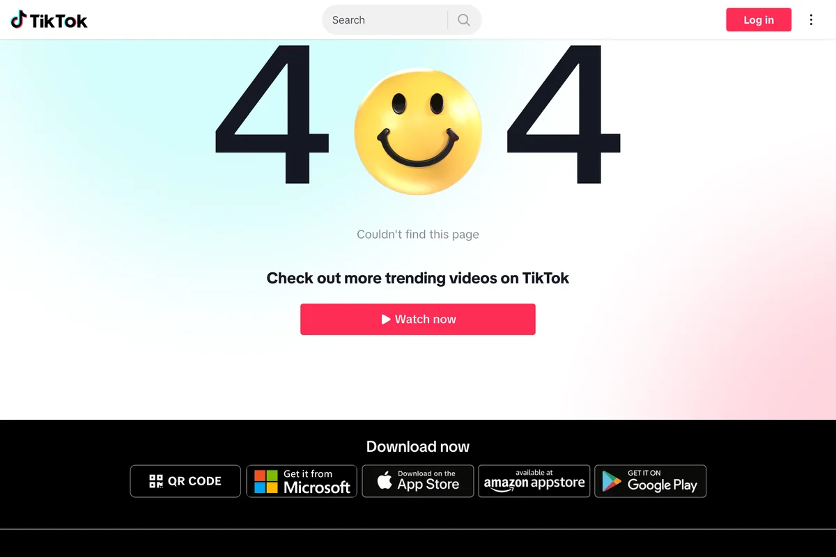 TikTok's 404 page with a smiling face in place of the zero and the words Couldn't find this page, shown at the address of the TikTok Shop buyer policy when opened from Slovakia