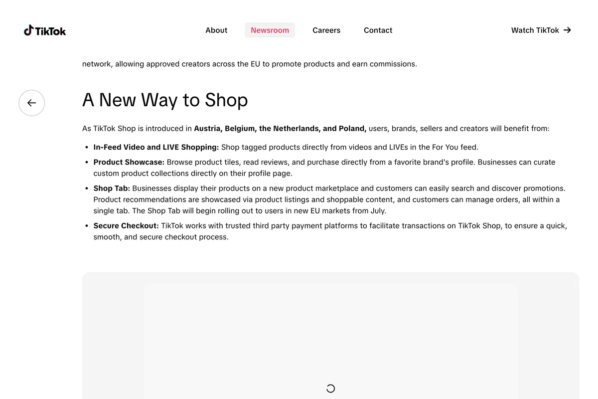 TikTok Newsroom post from May 2026 about TikTok Shop launching in Austria, Belgium, the Netherlands and Poland, listing in-feed video and LIVE shopping, Product Showcase, the Shop Tab rolling out from July, and secure checkout