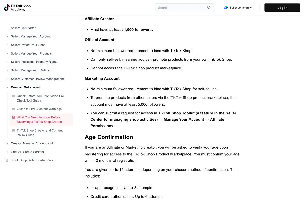 TikTok Shop Academy page What You Need to Know Before Becoming a TikTok Shop Creator, section Follower Requirements by Creator Account Type, saying affiliate creators need at least 1,000 followers, official accounts have no minimum, and marketing accounts need at least 5,000 followers to promote products from other sellers via the marketplace