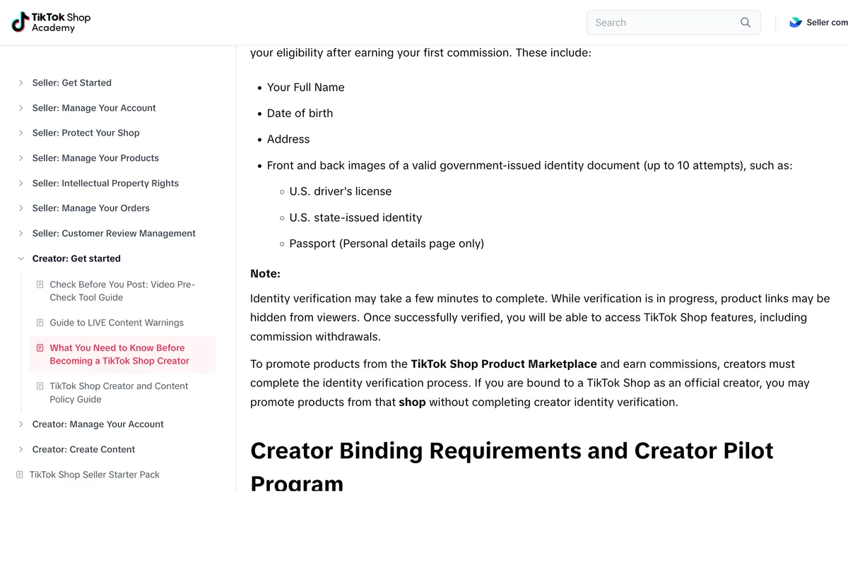 TikTok Shop Academy page What You Need to Know Before Becoming a TikTok Shop Creator, section Identity Verification, with a note that identity verification may take a few minutes and that product links may be hidden from viewers while it is in progress