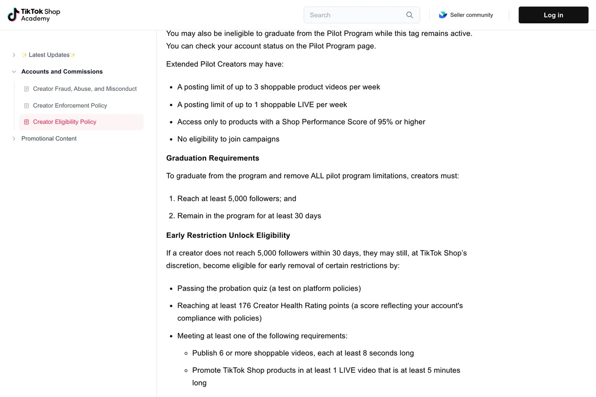 TikTok Shop Academy page Creator Eligibility Policy, sections on Extended Pilot Creator restrictions, Graduation Requirements of 5,000 followers and 30 days, and Early Restriction Unlock Eligibility with a probation quiz, 176 Creator Health Rating points and one of three activity targets