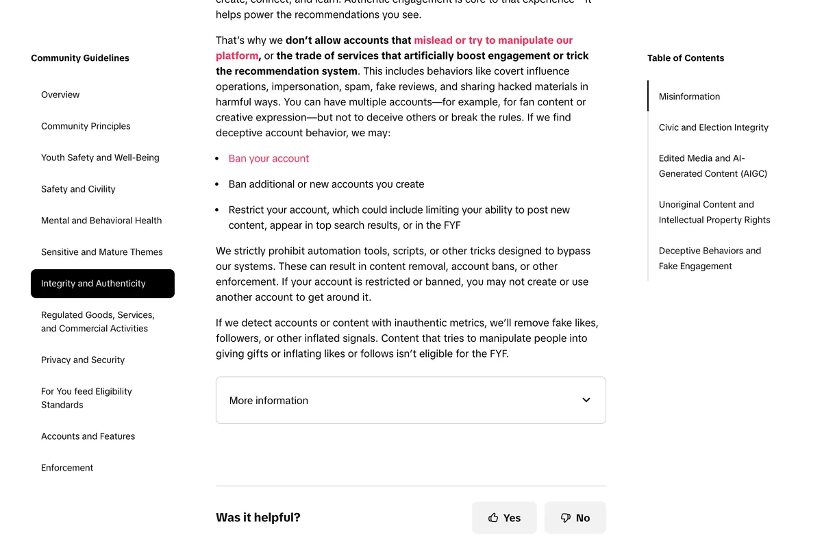 TikTok Community Guidelines, Integrity and Authenticity, the paragraph stating that TikTok strictly prohibits automation tools, scripts, or other tricks designed to bypass its systems, with content removal and account bans as consequences