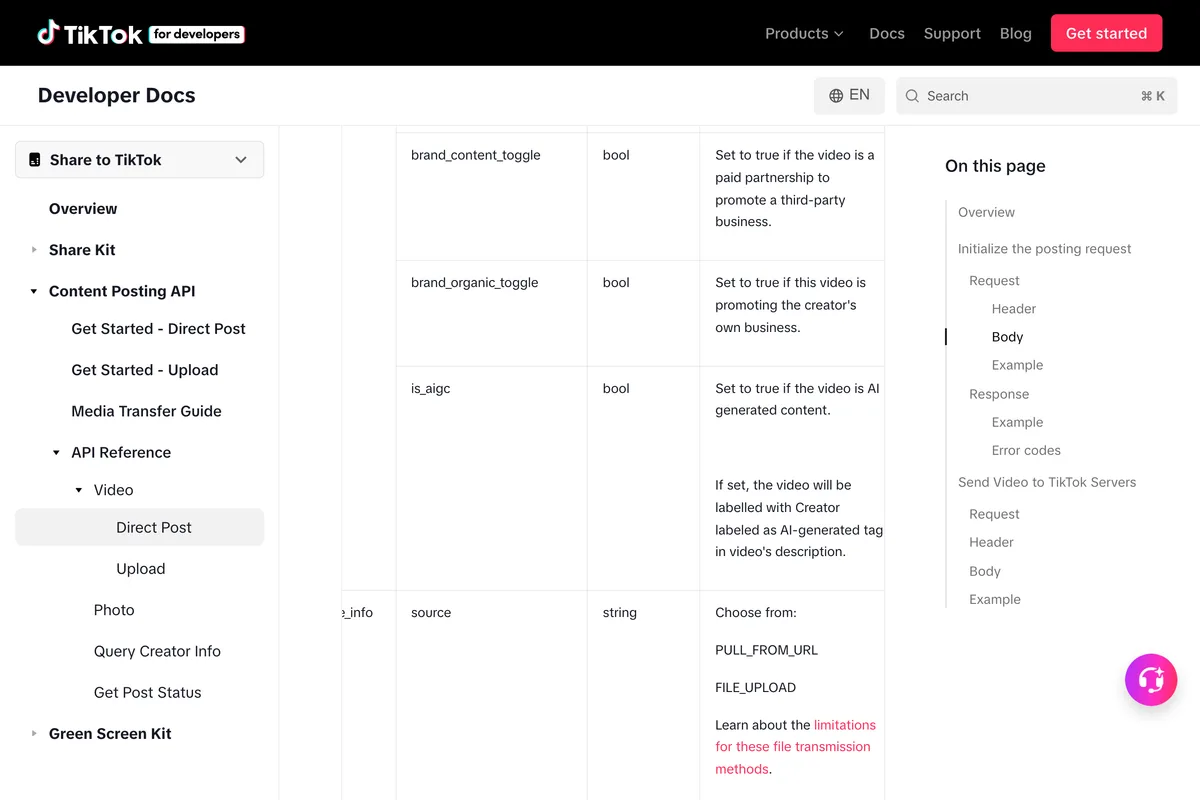 TikTok Direct Post reference, the is_aigc field: set to true if the video is AI generated content, and the video will be labelled with the Creator labeled as AI-generated tag
