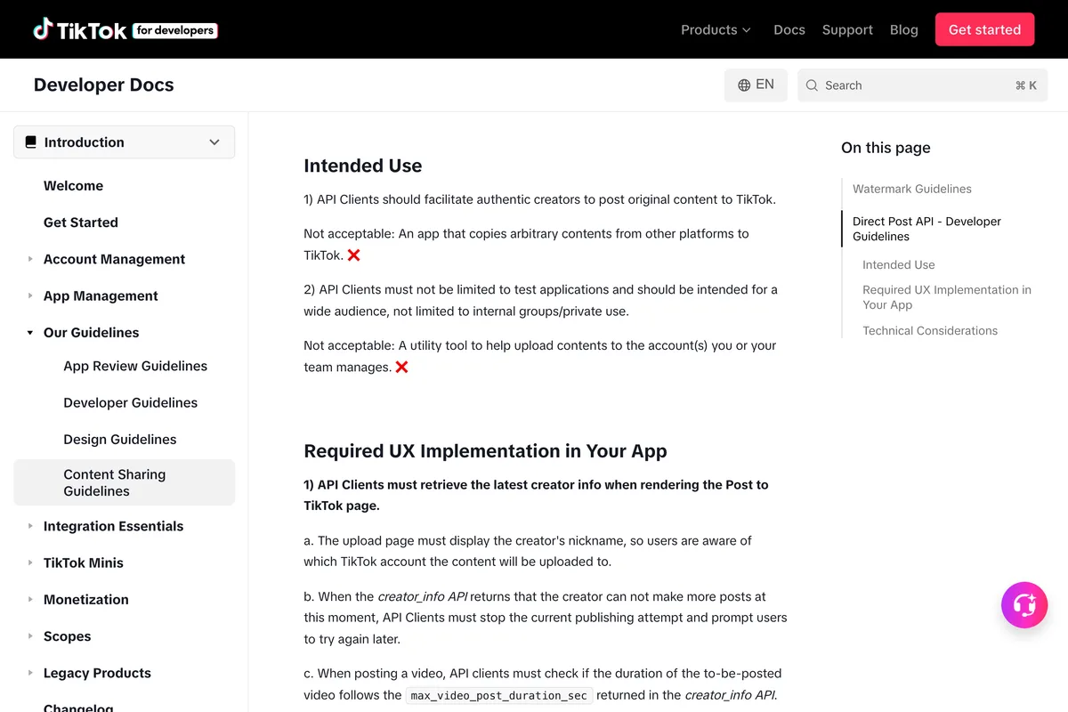 TikTok Content Sharing Guidelines, Intended Use section, listing as not acceptable an app that copies arbitrary contents from other platforms to TikTok and a utility tool to help upload contents to the accounts you or your team manages