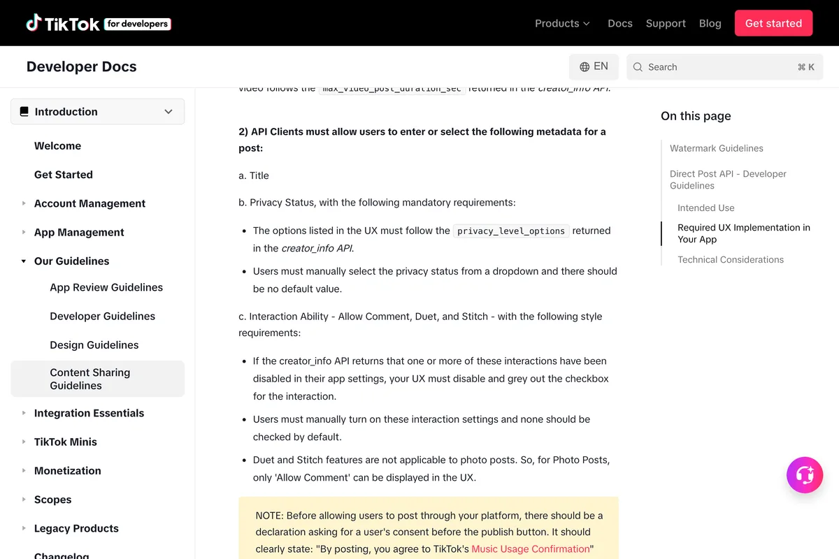 TikTok Content Sharing Guidelines, the required UX rule that privacy status options must follow the creator_info API and that users must manually select the privacy status from a dropdown with no default value
