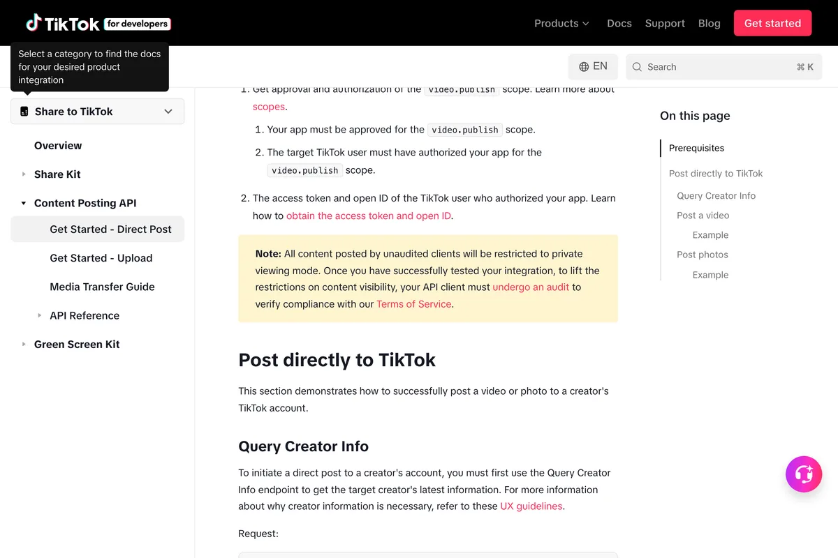 TikTok for Developers, Content Posting API Get Started page, with the note that all content posted by unaudited clients will be restricted to private viewing mode and that the API client must undergo an audit to lift the restriction