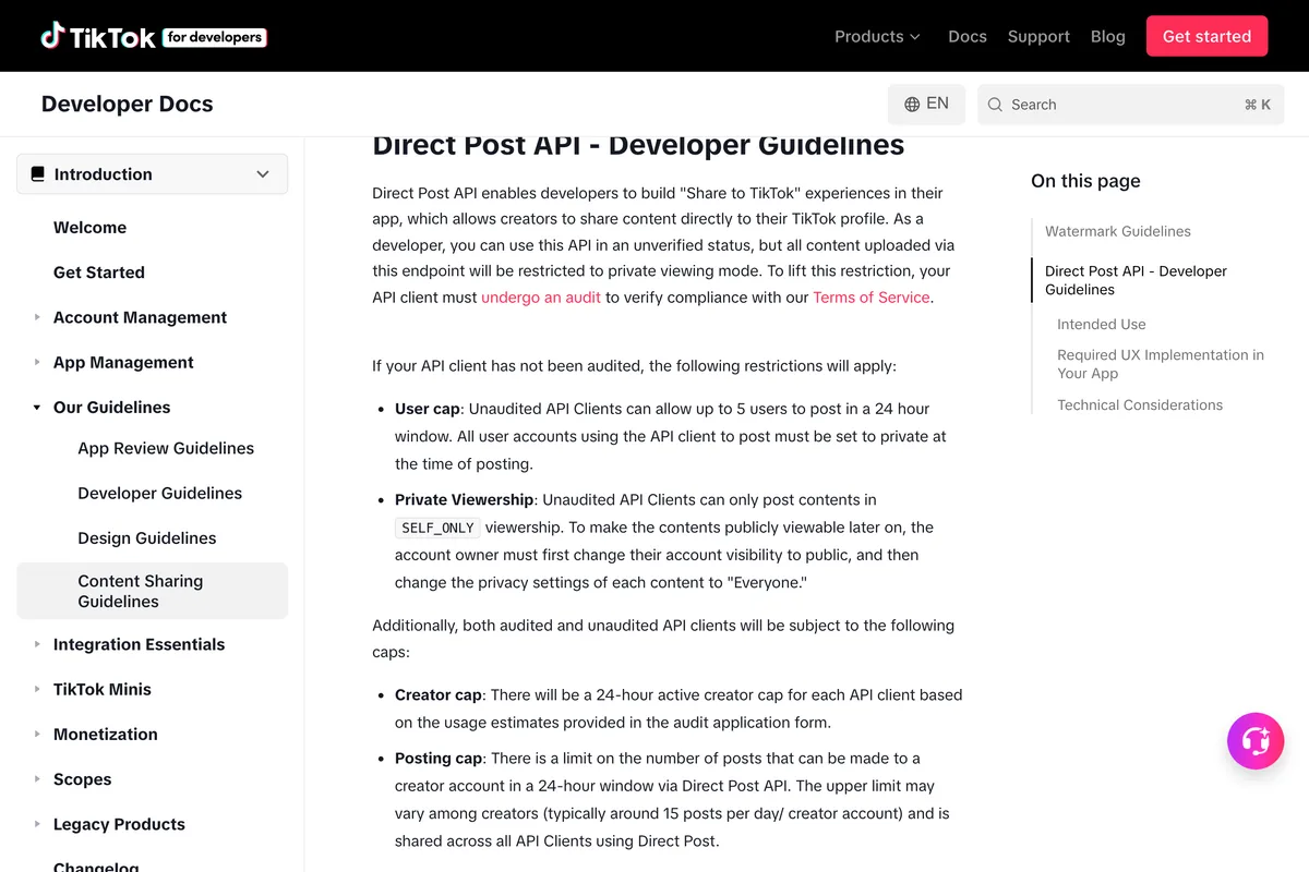 TikTok Content Sharing Guidelines, the restrictions for unaudited API clients: a user cap of 5 users posting in a 24 hour window with accounts set to private, and private viewership of SELF_ONLY