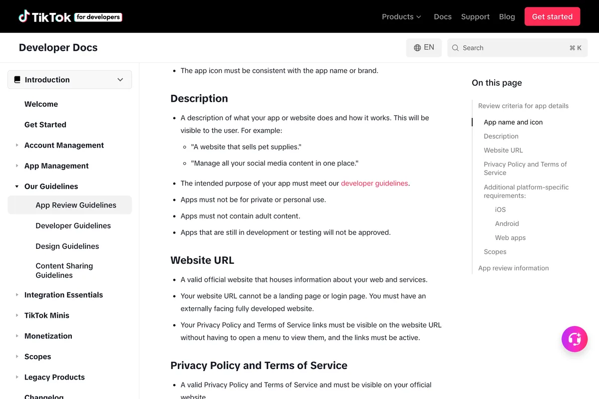 TikTok App Review Guidelines, Description section, with the rules that apps must not be for private or personal use, must not contain adult content, and that apps still in development or testing will not be approved
