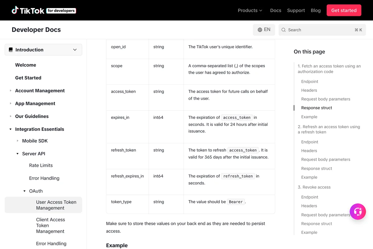 TikTok for Developers, User Access Token Management, the response fields: access_token valid for 24 hours after initial issuance and refresh_token valid for 365 days after the initial issuance