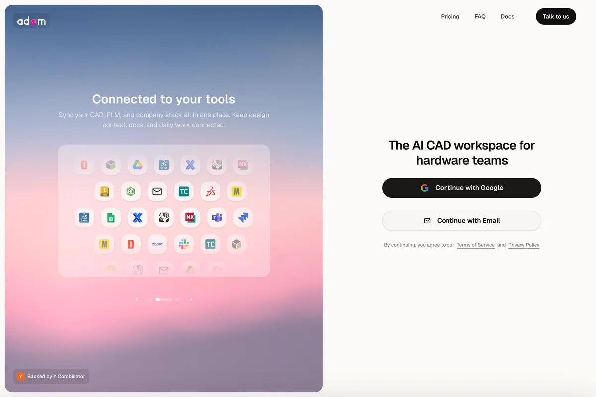 Adam home page: The AI CAD workspace for hardware teams, with a sign in panel and the CAD, PLM and company tools it connects to
