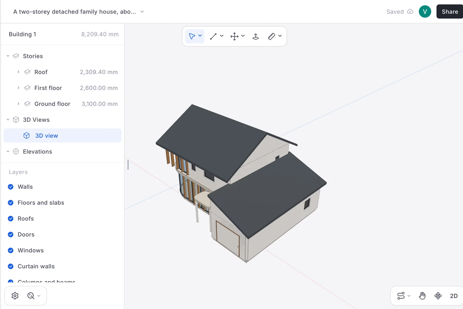 AIBIMTool project view: a model tree with Roof, First floor and Ground floor storeys and layers for walls, slabs, roofs, doors, windows and curtain walls, beside a 3D view of a two-storey L-shaped house with a gable roof, a lower roof over the garage and a curved glass corner