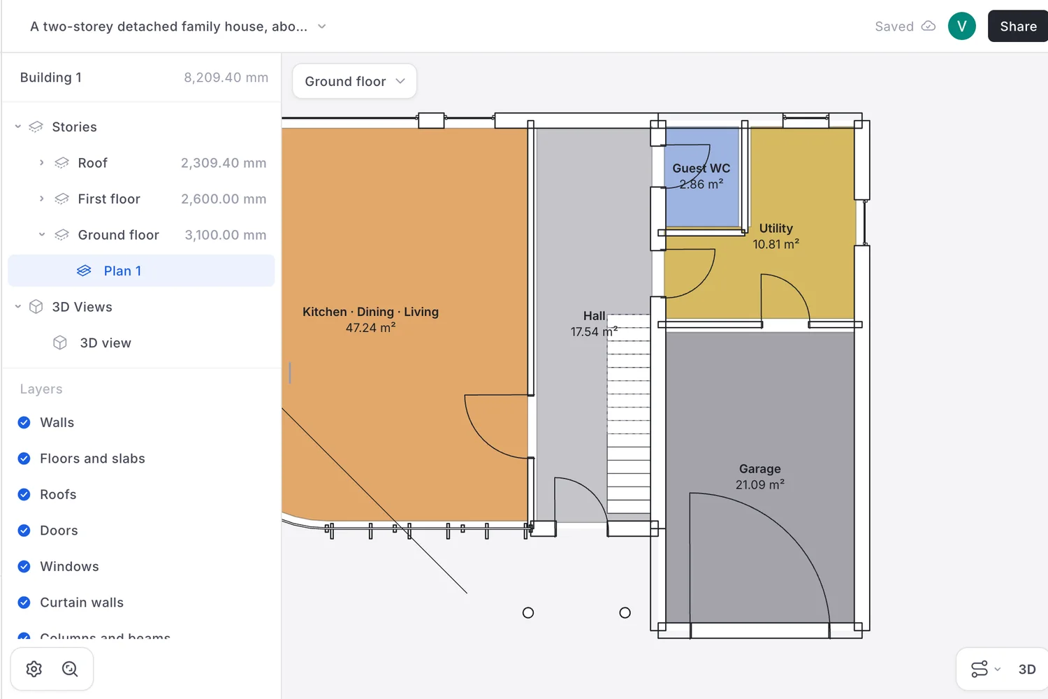 AIBIMTool ground floor plan generated from the model: Kitchen, Dining and Living 47.24 square metres, Hall 17.54 with the stair, Guest WC 2.86, Utility 10.81 and Garage 21.09, with the garage door drawn as one large hinged door and a diagonal line through the living room