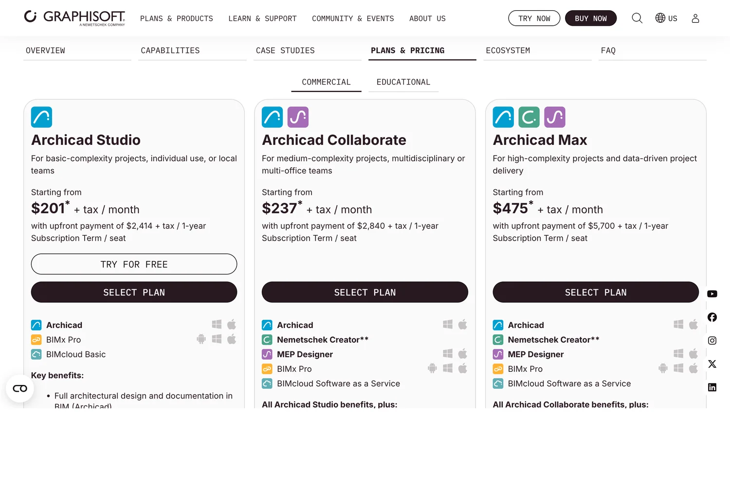 Graphisoft Archicad plans and pricing: Archicad Studio from $201 plus tax per month with $2,414 paid yearly, Archicad Collaborate from $237 with $2,840, and Archicad Max from $475 with $5,700, each with Windows and Apple icons