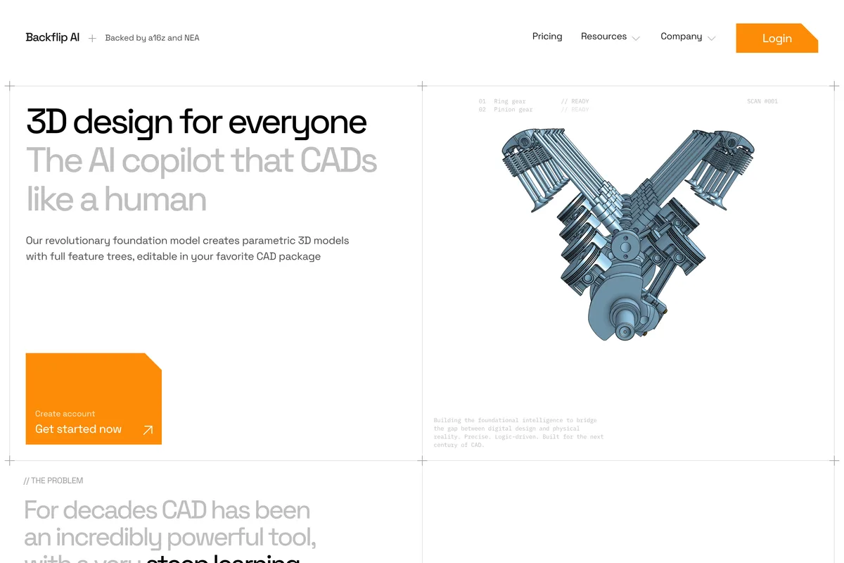 Backflip AI home page: 3D design for everyone, the AI copilot that CADs like a human, beside a parametric engine model