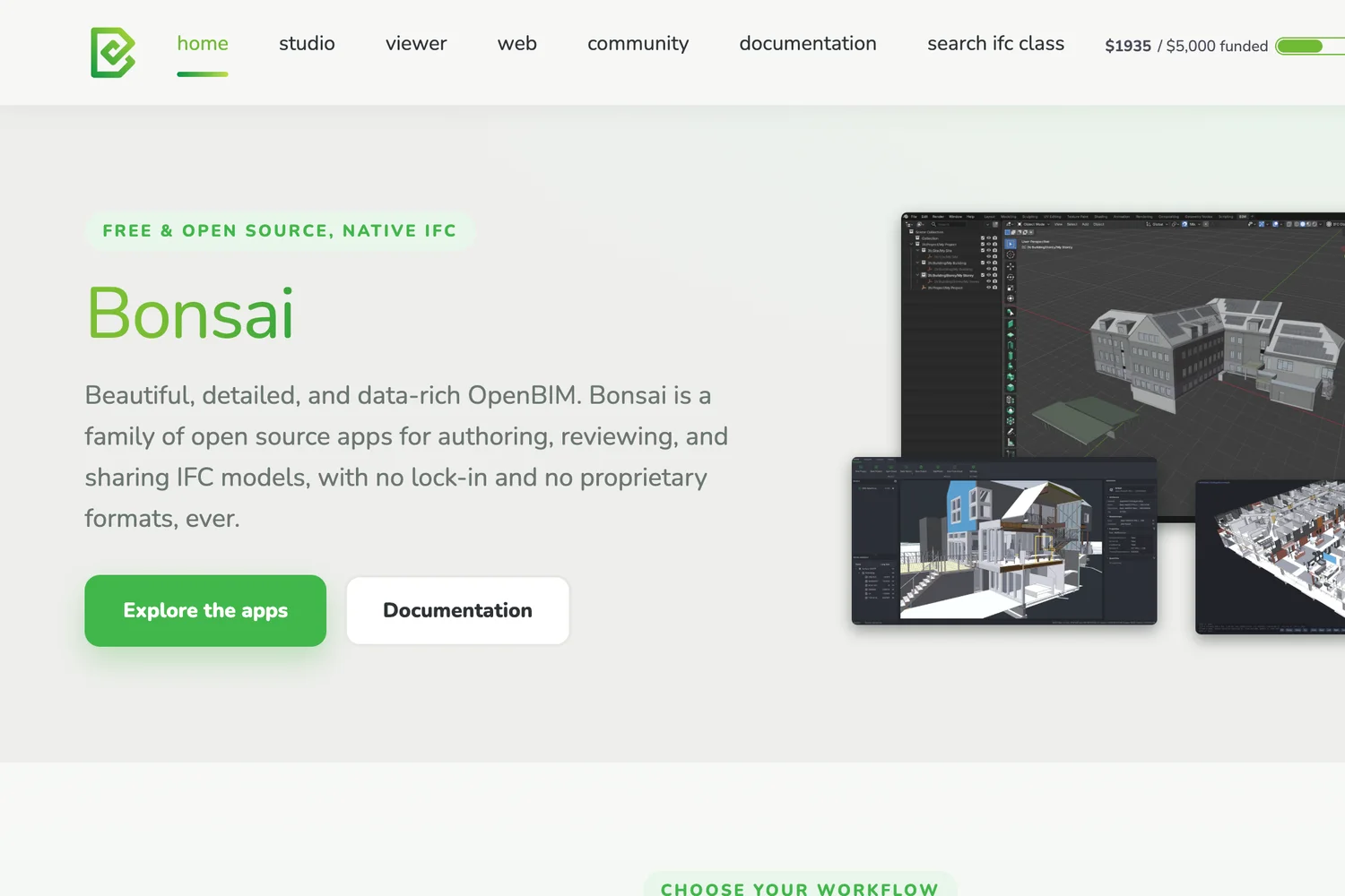 Bonsai home page: free and open source, native IFC, Beautiful, detailed, and data-rich OpenBIM, with screenshots of Blender showing IFC building models