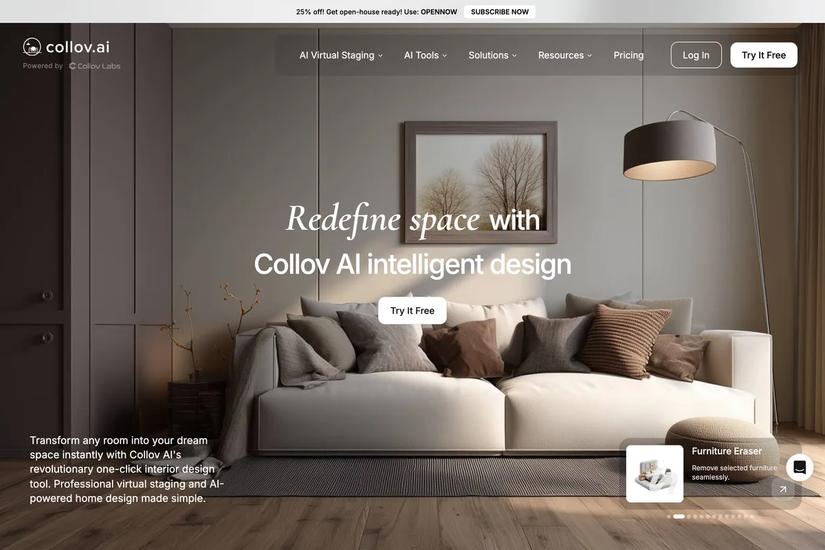 Collov AI home page: Redefine space with Collov AI intelligent design, over a dark modern living room