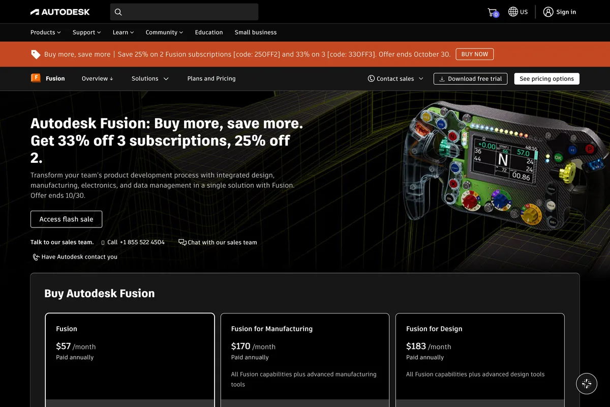 Autodesk Fusion page: Buy more, save more, with Fusion at $57 a month paid annually, Fusion for Manufacturing at $170 and Fusion for Design at $183