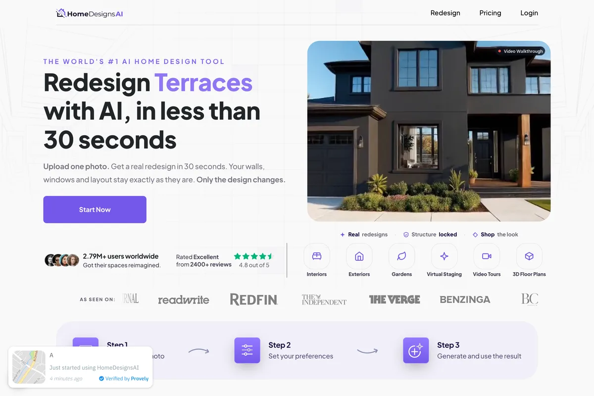 HomeDesigns AI home page: Redesign terraces with AI in less than 30 seconds, beside a modern house exterior