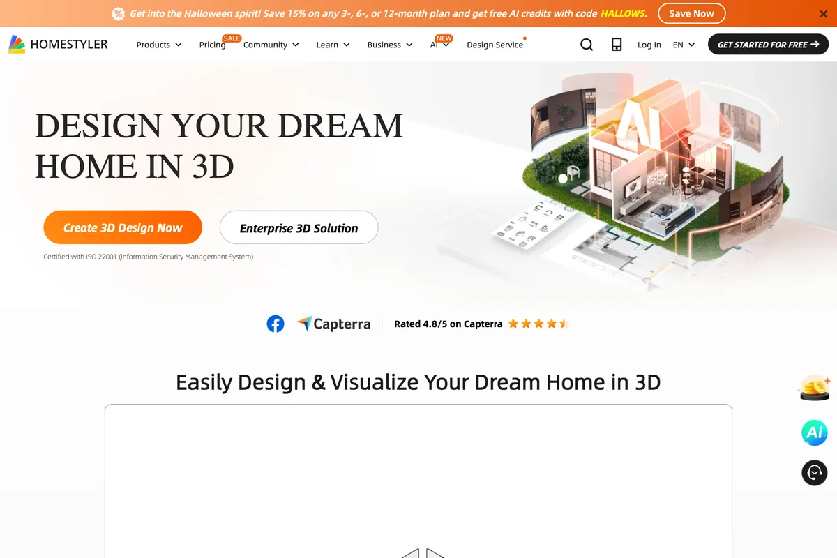 Homestyler home page: Design your dream home in 3D, with a 3D cutaway of a house
