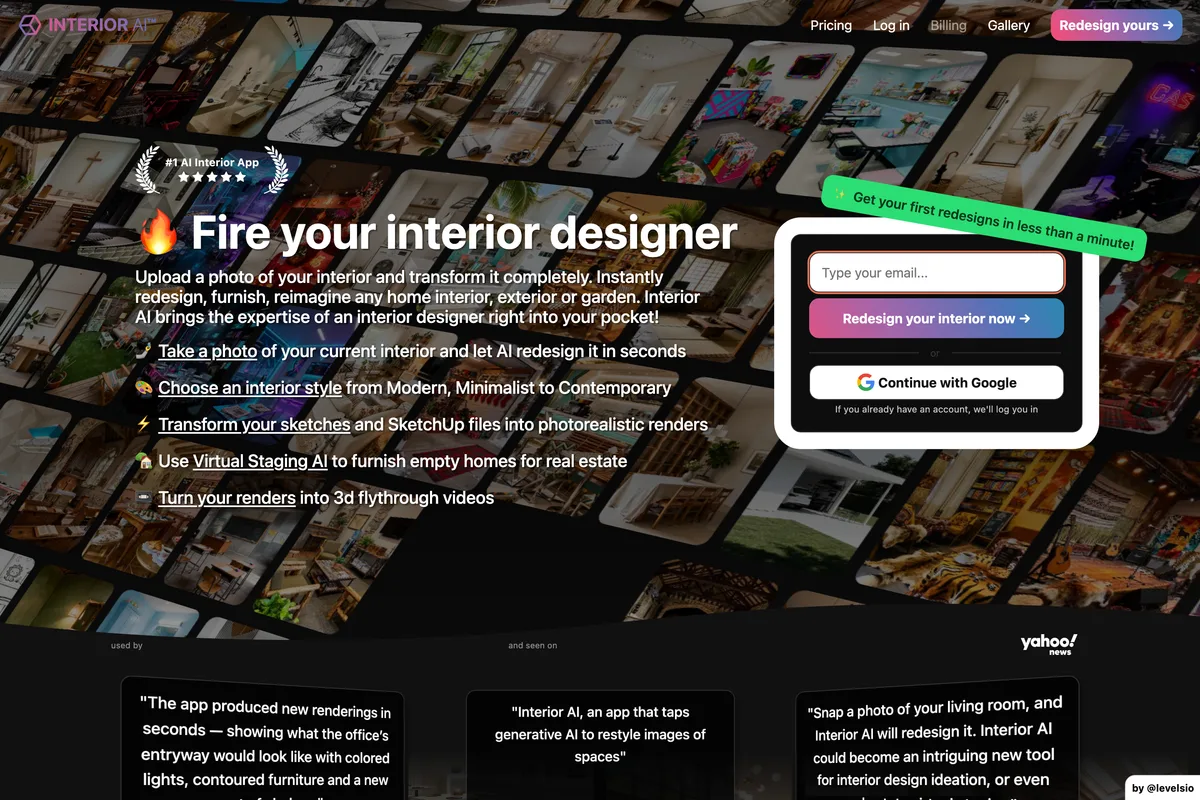 Interior AI home page: Fire your interior designer, over a wall of generated room images