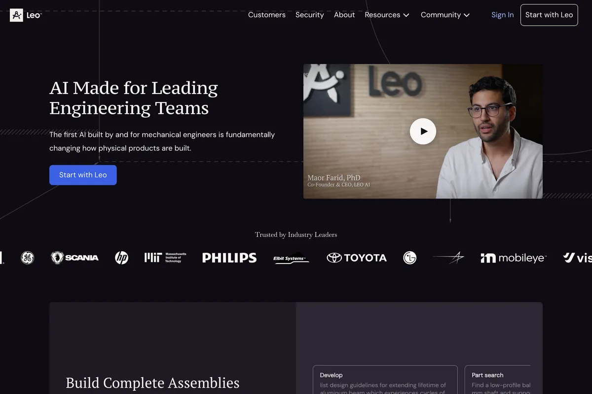 Leo AI home page: AI made for leading engineering teams, the first AI built by and for mechanical engineers