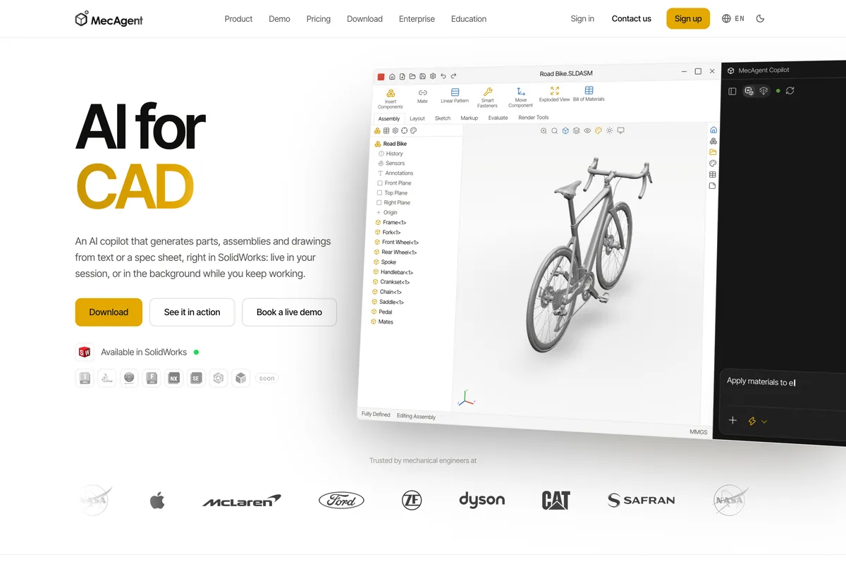 MecAgent home page: AI for CAD, beside a bicycle model open in SolidWorks with the MecAgent copilot panel