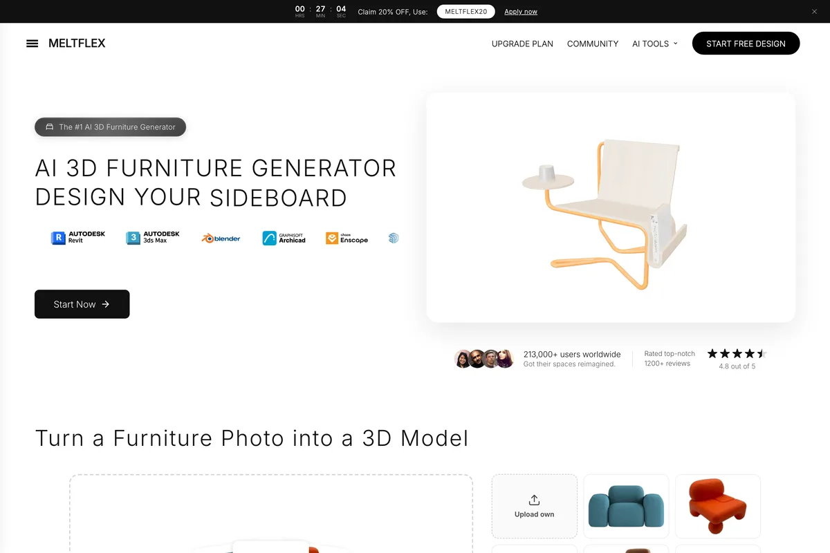 MeltFlex AI 3D Furniture Generator page: AI 3D furniture generator, design your sideboard, with a 3D model of a chair and a Turn a furniture photo into a 3D model section