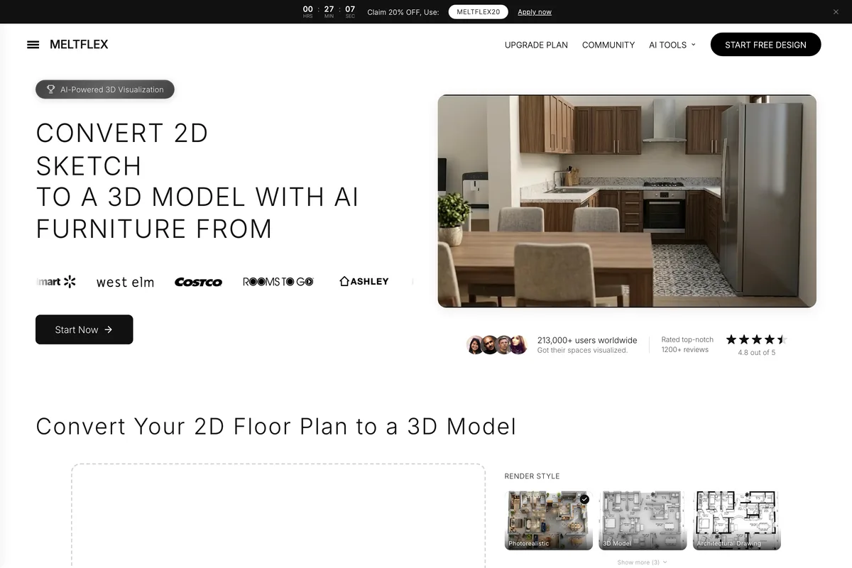 MeltFlex floor plan to 3D page: Convert 2D sketch to a 3D model with AI, beside a rendered kitchen and dining room