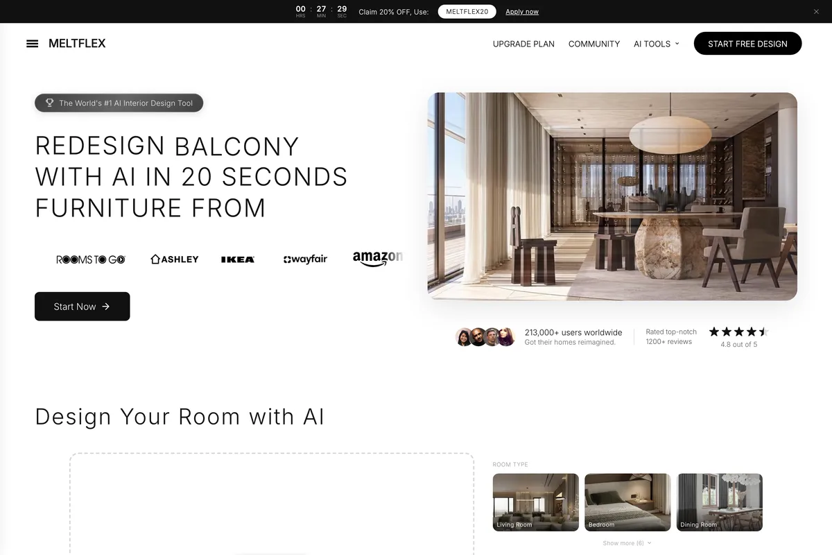 MeltFlex AI interior design tool page: Redesign balcony with AI in 20 seconds, furniture from Rooms To Go, Ashley, IKEA, Wayfair and Amazon, beside a redesigned dining room