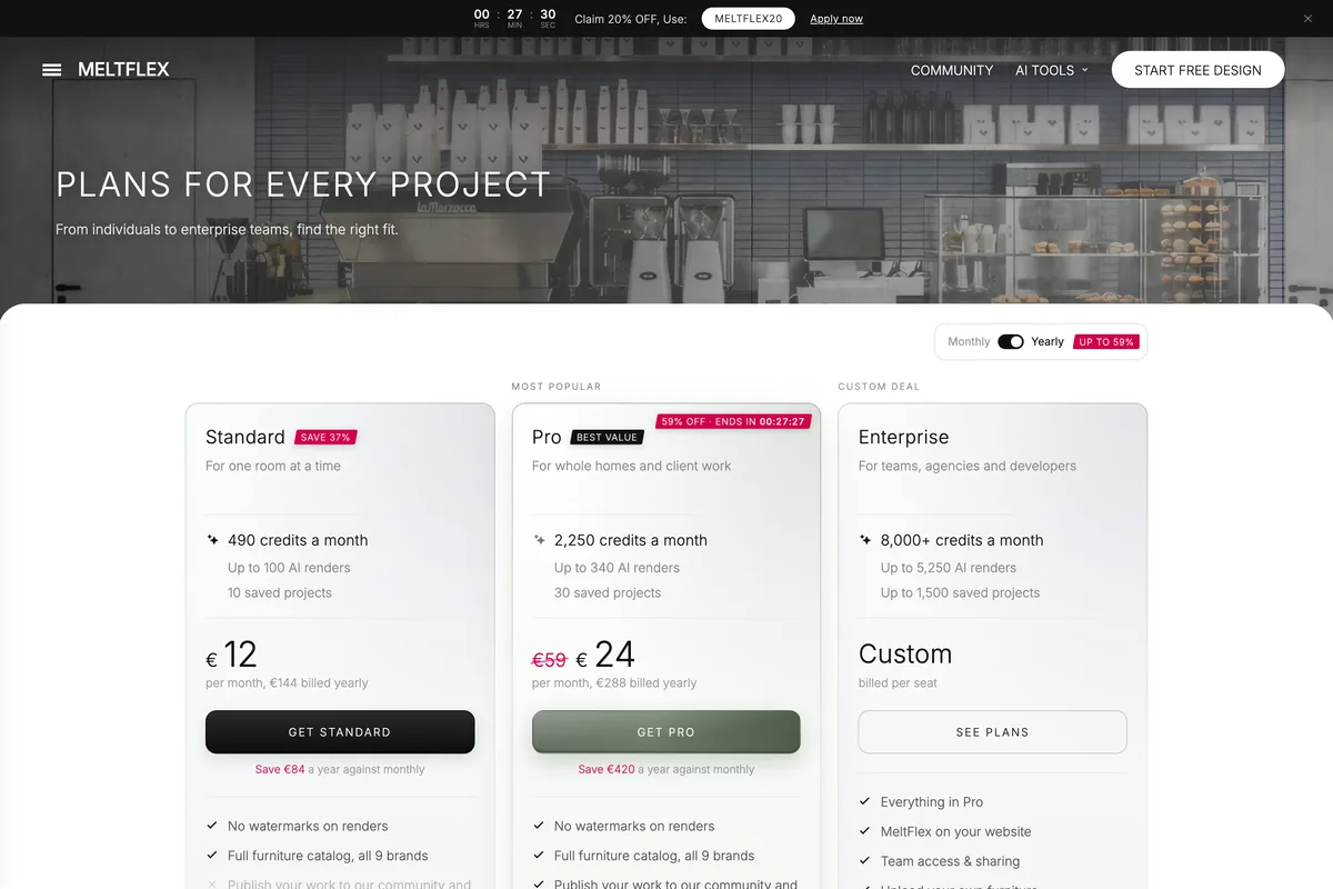 MeltFlex pricing page: Standard at 12 euros a month, Pro at 24 euros a month reduced from 59, Enterprise custom
