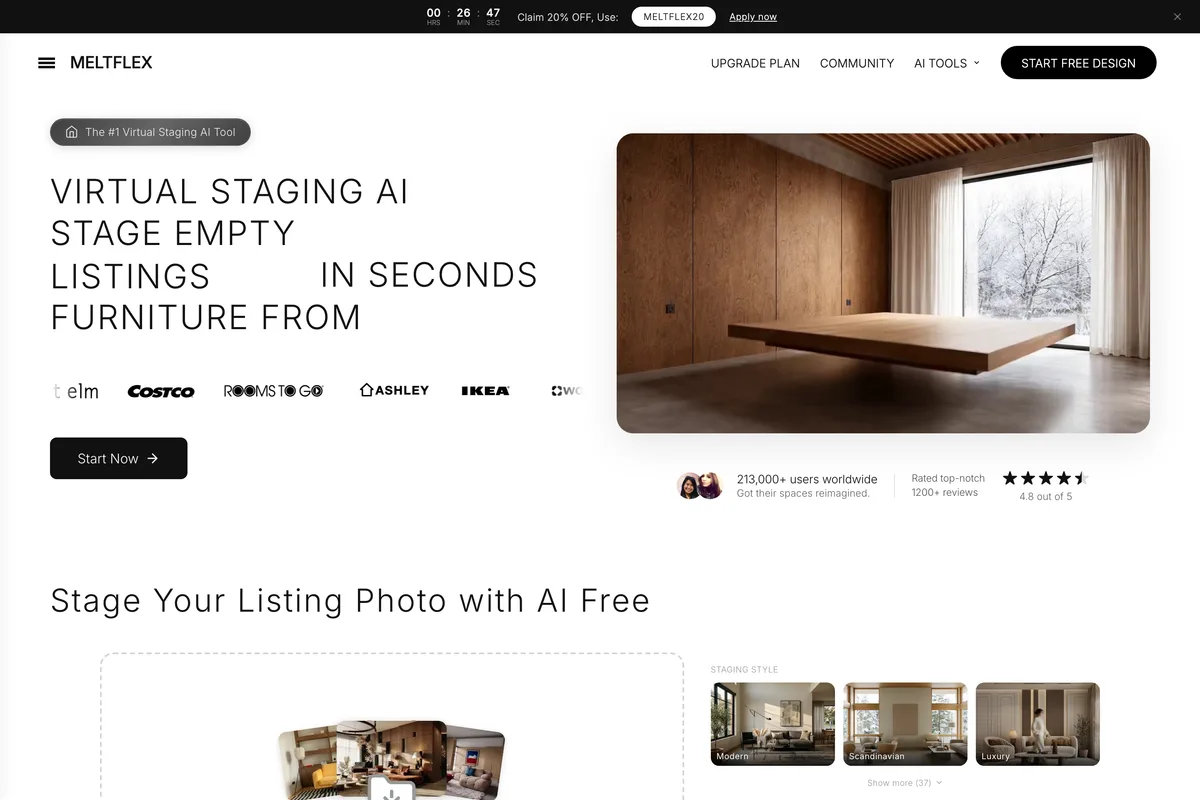 MeltFlex Virtual Staging AI page: Virtual staging AI, stage empty listings in seconds, beside a staged bedroom