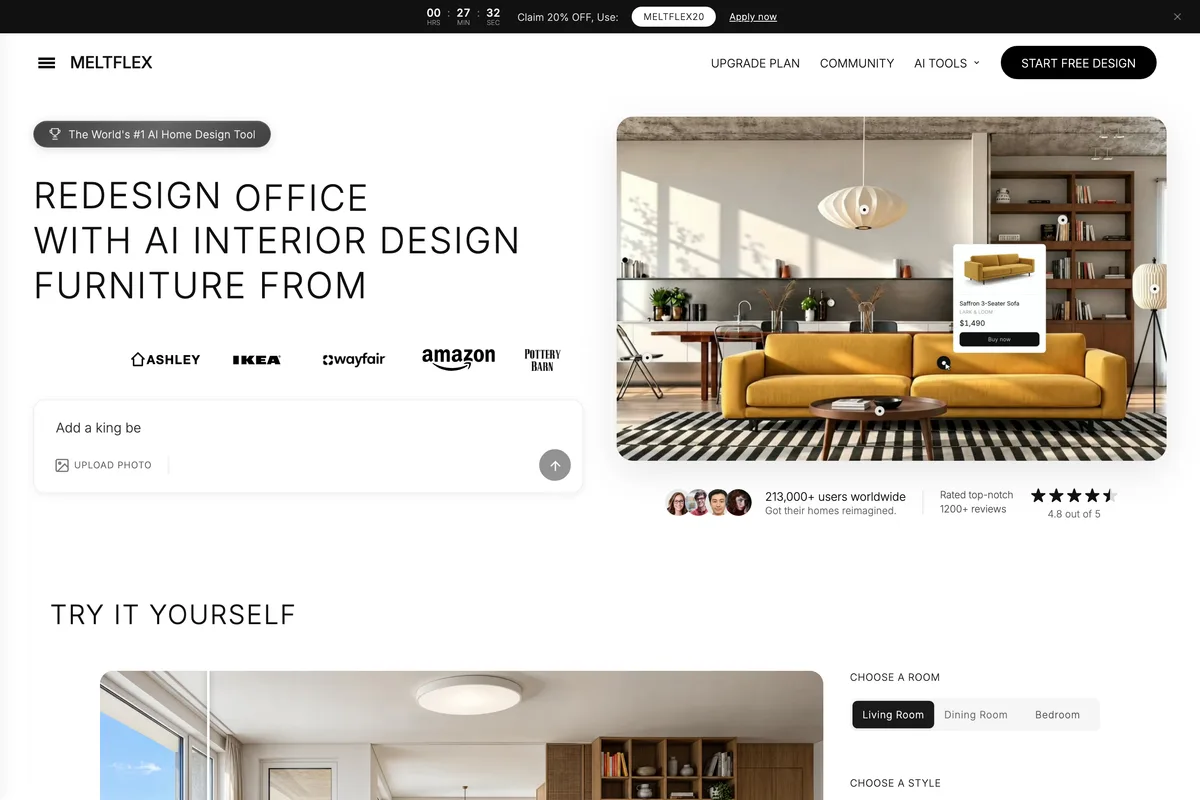 MeltFlex AI home page: Redesign office with AI interior design, furniture from Ashley, IKEA, Wayfair, Amazon and Pottery Barn, beside a living room with a yellow sofa tagged with its price