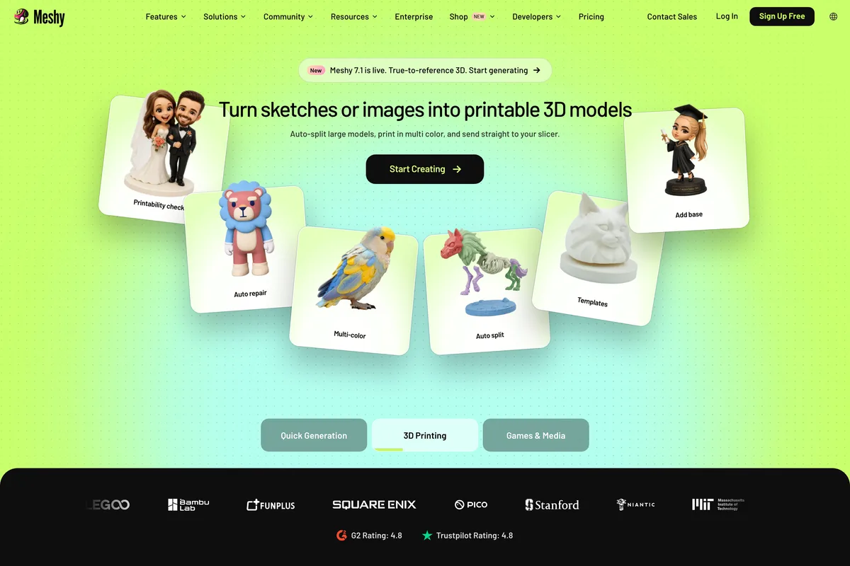 Meshy home page: Turn sketches or images into printable 3D models, with 3D printed figurines