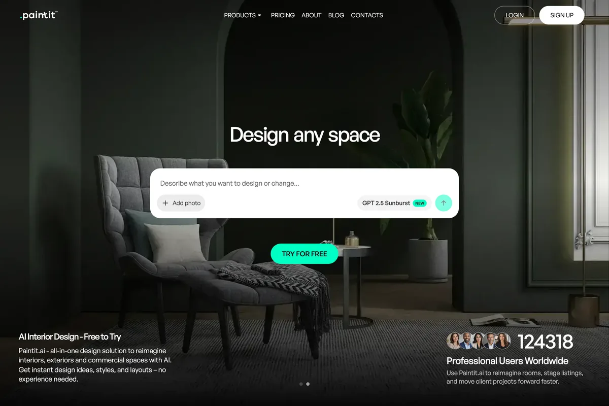 Paintit.ai home page: Design any space, with a chat box over a dark room with an armchair