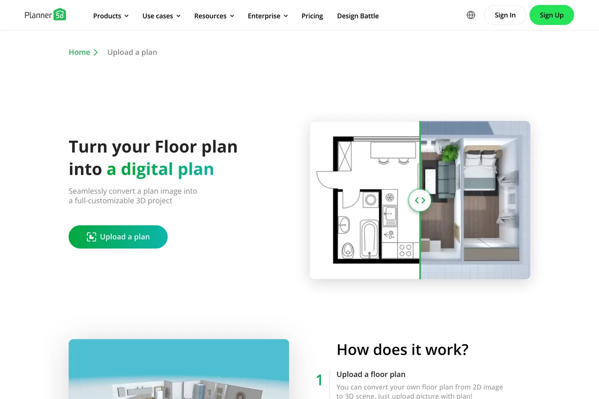 Planner 5D AI page: Turn your floor plan into a digital plan, with a floor plan becoming a 3D room