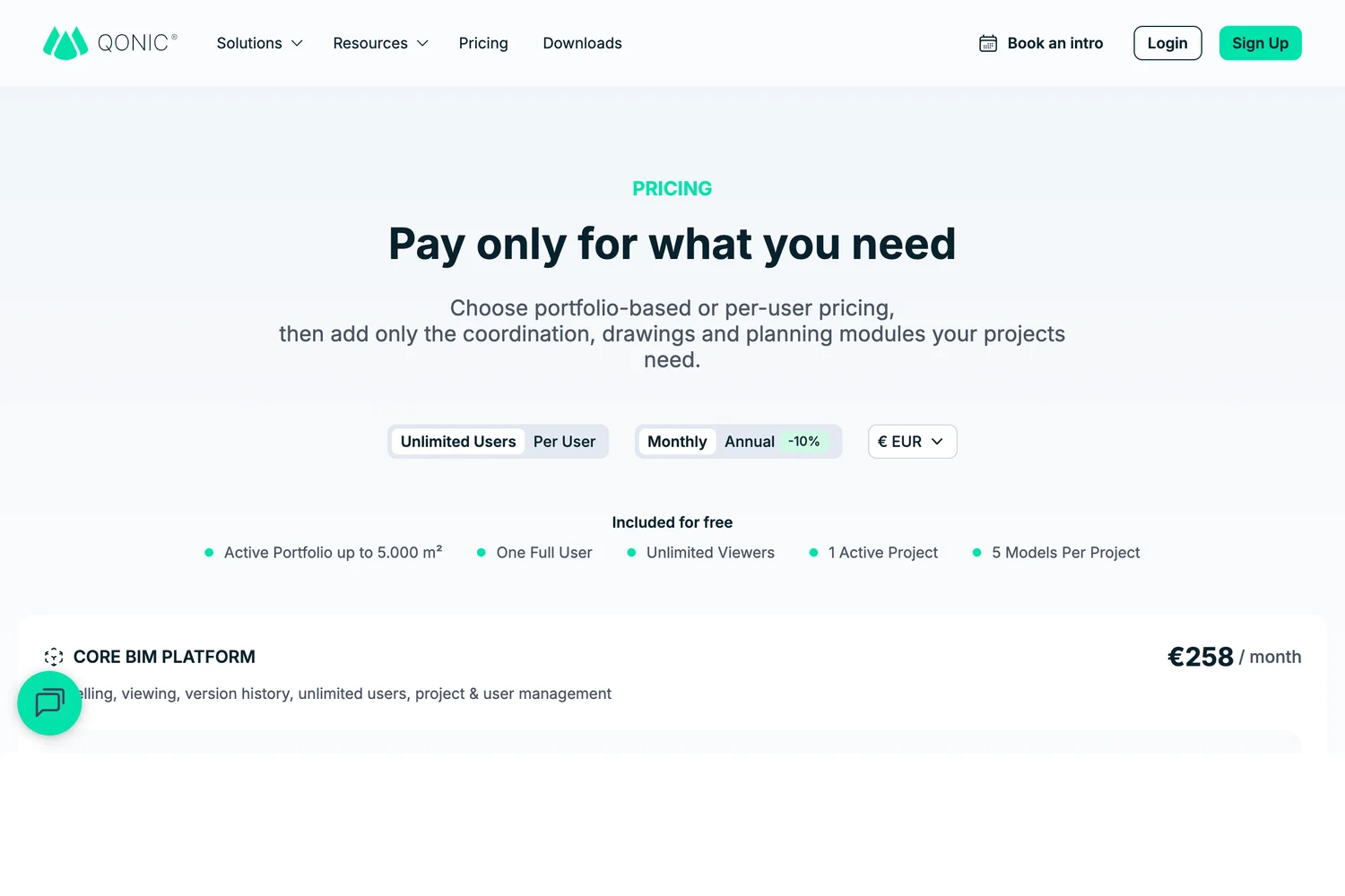 Qonic pricing page: Pay only for what you need, a free tier with one full user, unlimited viewers, one active project and up to 5,000 square metres, and the Core BIM Platform at 258 euros a month