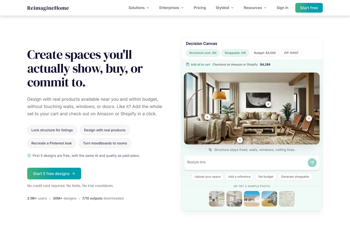 ReimagineHome home page: Create spaces you'll actually show, buy, or commit to, beside a design canvas of a living room
