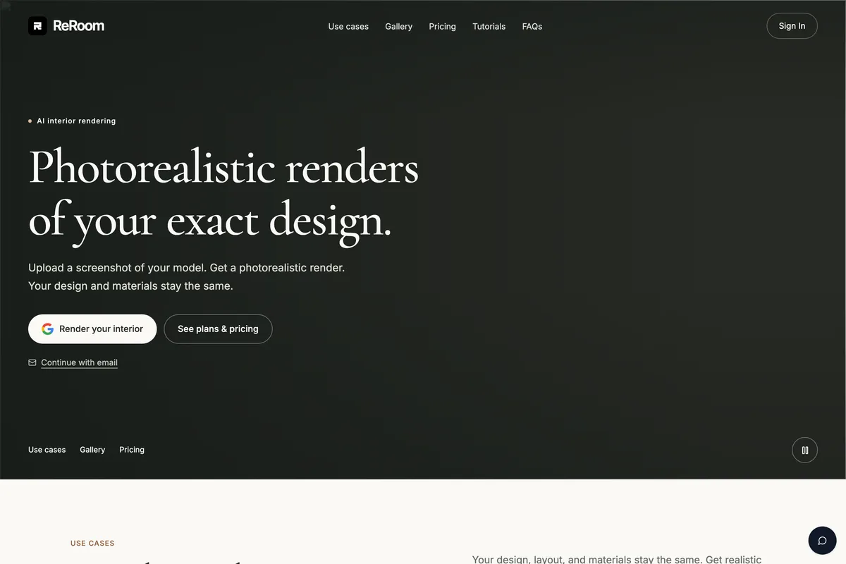 ReRoom home page: Photorealistic renders of your exact design, upload a screenshot of your model