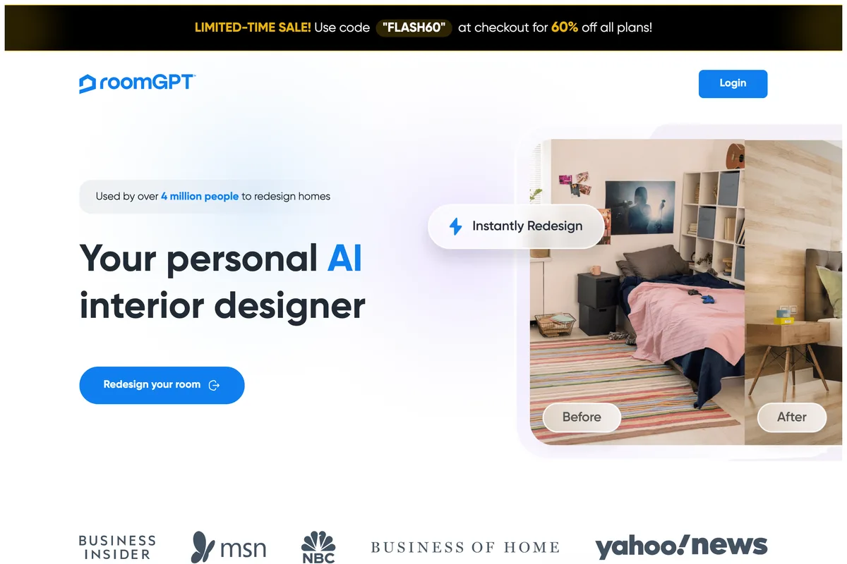 RoomGPT home page: Your personal AI interior designer, used by over 4 million people, with a before and after bedroom