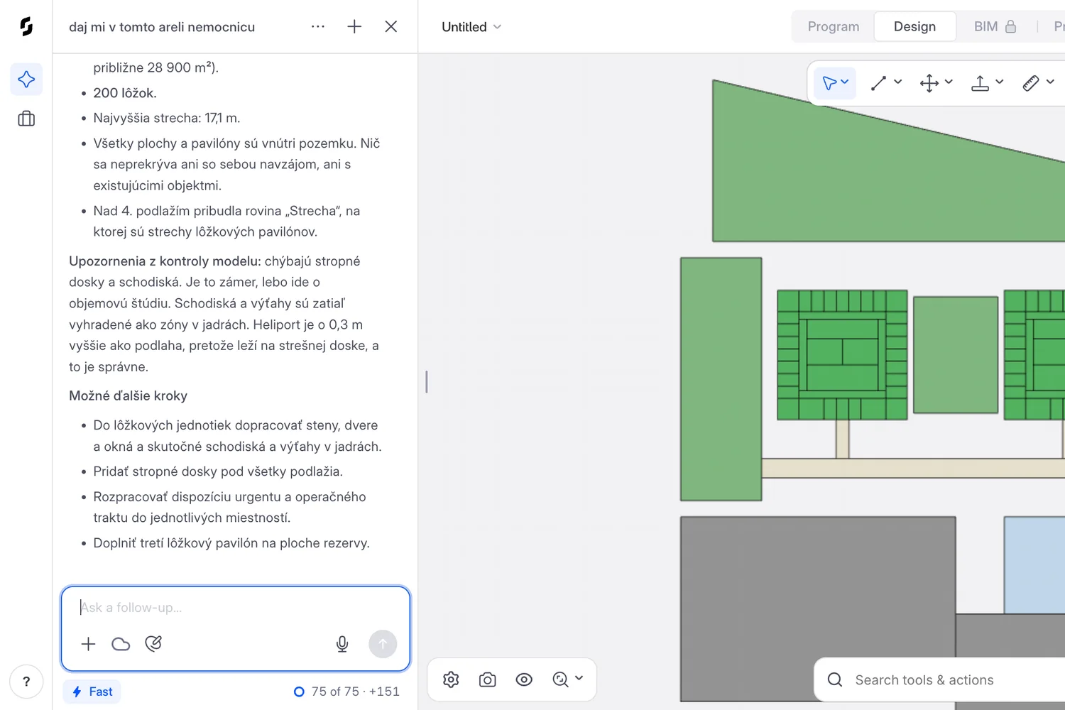 Snaptrude project: the AI agent's report in Slovak warning that floor slabs and stairs are missing because it is a massing study, beside a plan of a hospital campus with two bed pavilions and a connecting street, with the BIM tab locked