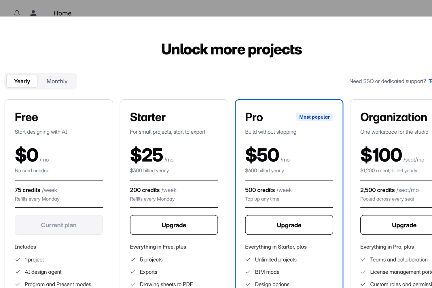 Snaptrude upgrade dialog, Unlock more projects: Free $0 with 1 project and 75 credits a week, Starter $25 a month with exports, Pro $50 a month with BIM mode, Organization $100 per seat a month
