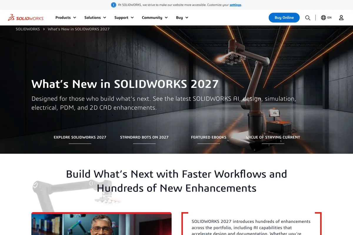 SOLIDWORKS What's New page: What's new in SOLIDWORKS 2027, designed for those who build what's next, with the latest SOLIDWORKS AI
