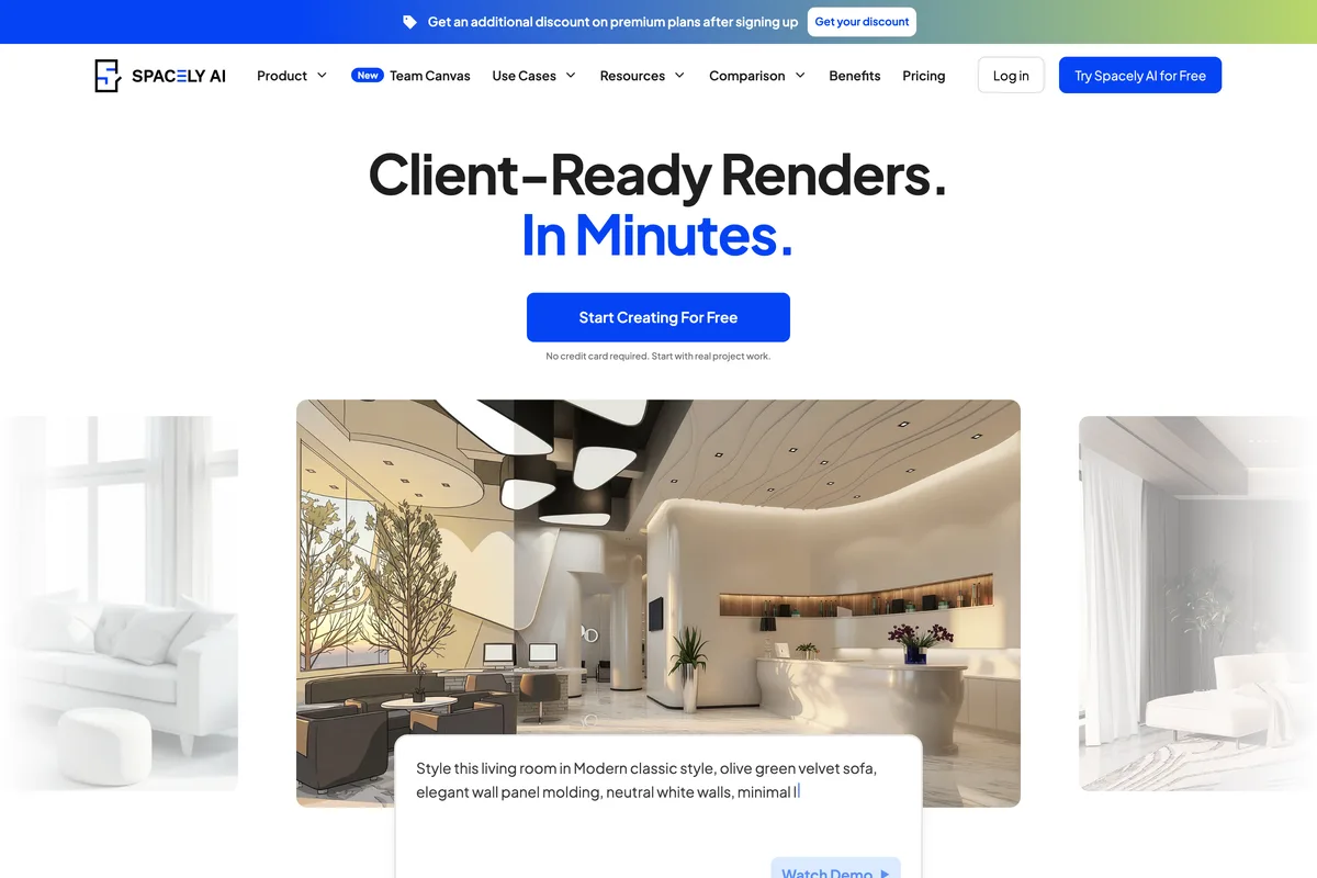 Spacely AI home page: Client-ready renders in minutes, with a rendered modern interior and a style prompt box