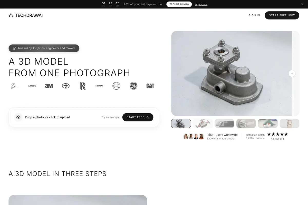 TechDraw AI photo to 3D model page: A 3D model from one photograph, beside a photo of a cast valve body