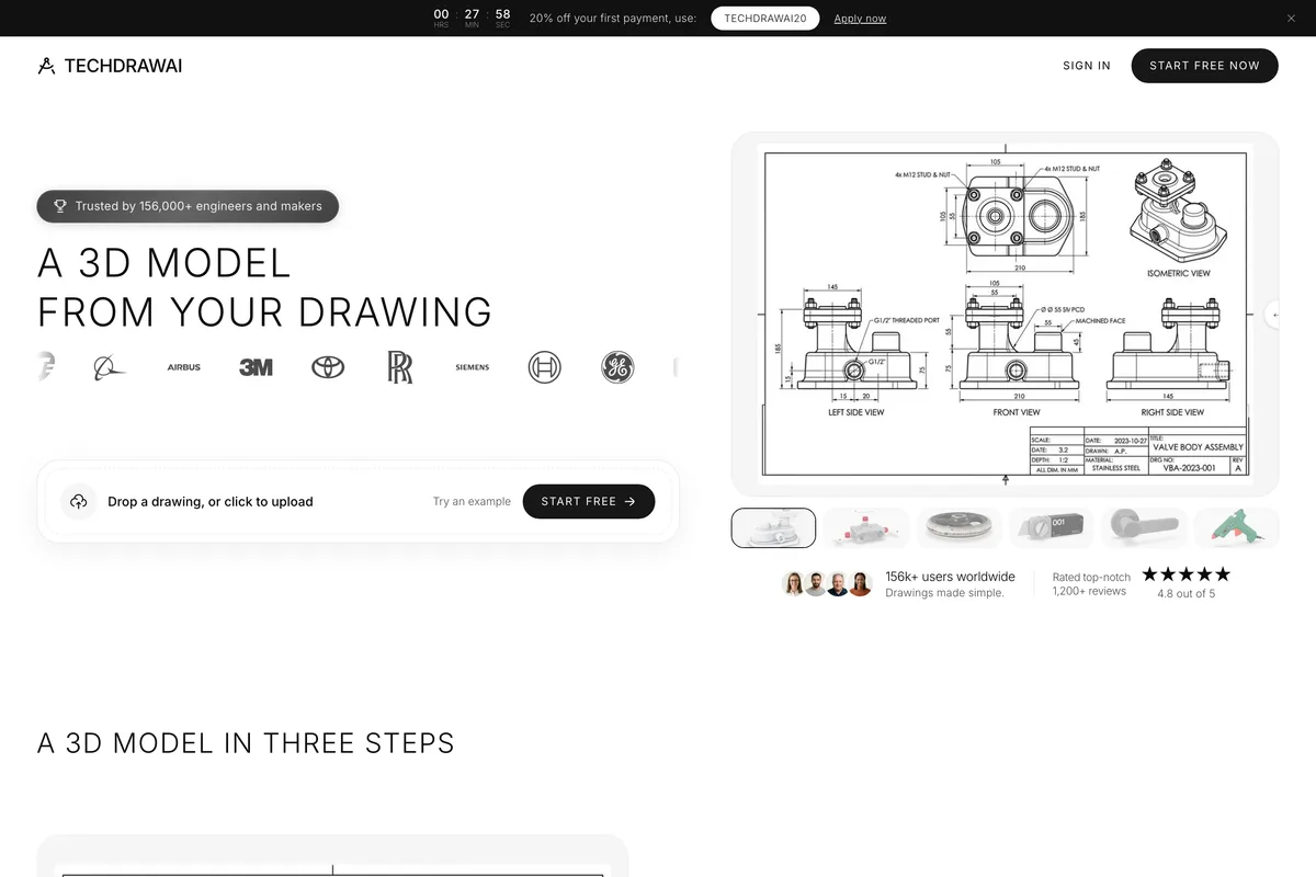 TechDraw AI drawing to 3D model page: A 3D model from your drawing, beside a dimensioned drawing sheet with an isometric view