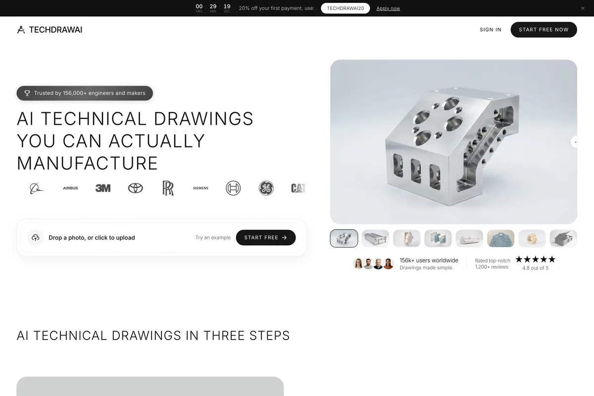 TechDraw AI technical drawing generator page: AI technical drawings you can actually manufacture, beside a photo of a machined aluminium block