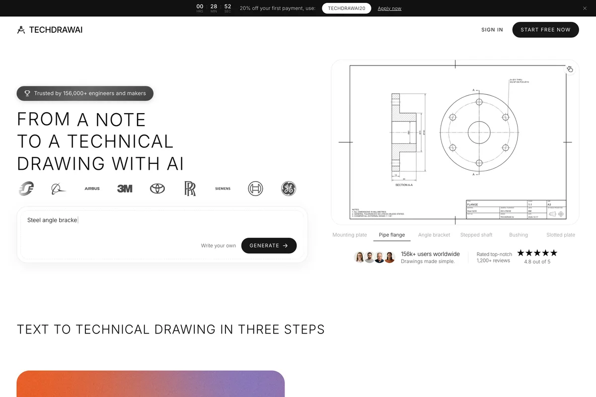 TechDraw AI text to technical drawing page: From a note to a technical drawing with AI, with a prompt box and a dimensioned pipe flange drawing