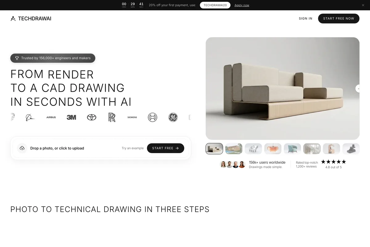TechDraw AI home page: From render to a CAD drawing in seconds with AI, trusted by 156,000+ engineers and makers, beside a photo of a sofa