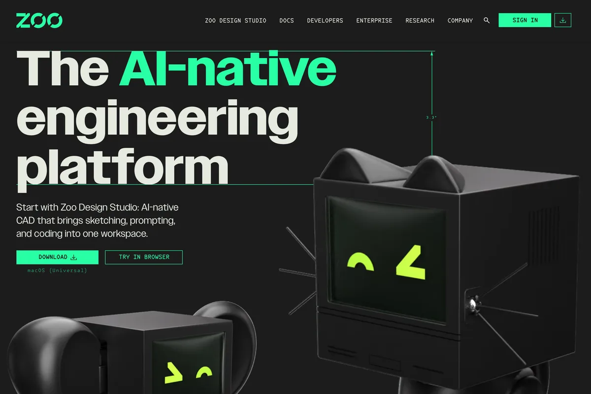 Zoo home page: The AI-native engineering platform, with Zoo's robot cat mascot